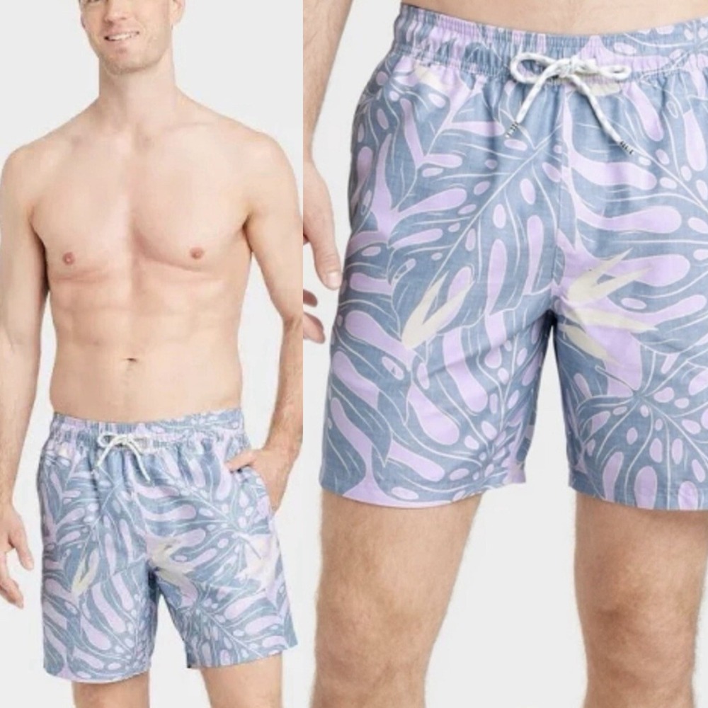 Goodfellow & Co Mens Tropical 7" Inseam Swim Trunks NWT Large Purple Monstera